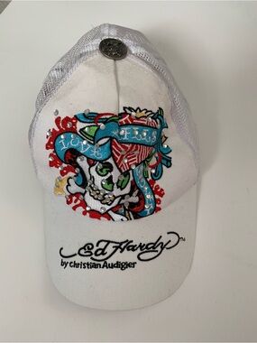 Ed Hardy Unisex Adult White Skull Cap Turquoise & Red Embroidery Rhinestones